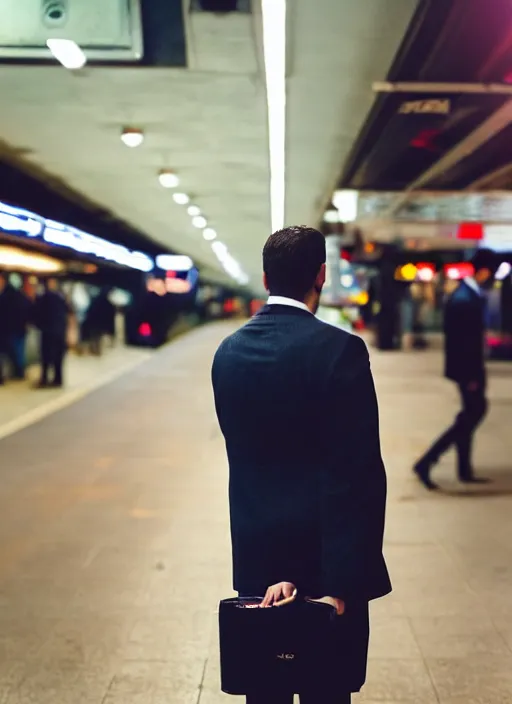 Image similar to a 3 5 mm photo from the back of a businessman standing on a subway platform, splash art, movie still, bokeh, canon 5 0 mm, cinematic lighting, dramatic, film, photography, golden hour, depth of field, award - winning, anamorphic lens flare, 8 k, hyper detailed, 3 5 mm film grain