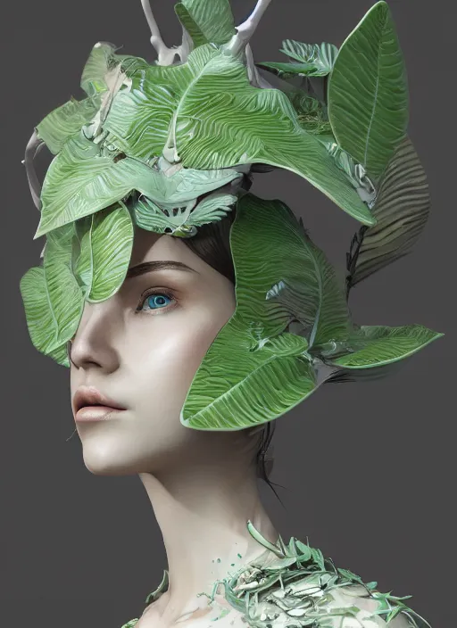 Image similar to complex intricate 3 d render hyper detailed ultra sharp of a cyborg beautiful porcelain woman with big leaves and stems in her hair, overgrown foliage, fungi pores, octane, 8 k,