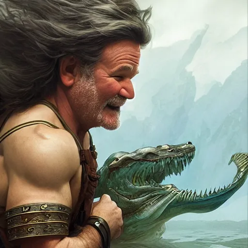 Prompt: robin williams in an epic battle with a sea monster, fantasy, d & d, intricate, elegant, highly detailed, digital painting, artstation, concept art, matte, sharp focus, illustration, art by artgerm and greg rutkowski and alphonse mucha