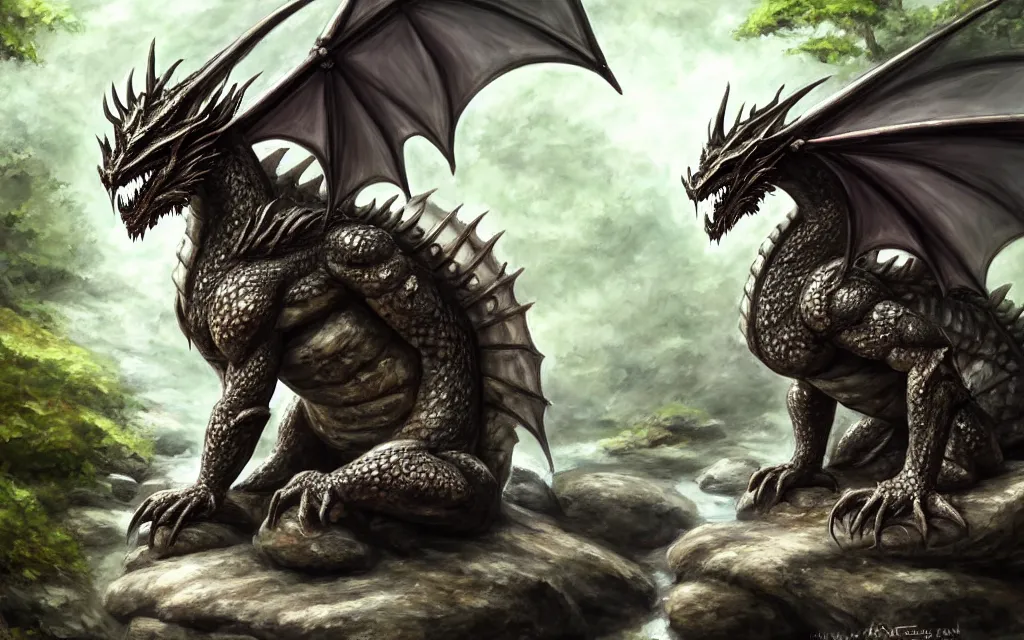 Image similar to A dragon dressed in armor sitting on a rock within a woodland creek, highly detailed, trending on pixiv, realistic oil paint artwork made in 2020.