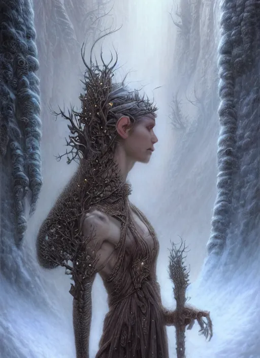 Image similar to portrait shot of snow elves in a scenic dystopian environment, intricate, elegant, highly detailed, centered, digital painting, artstation, concept art, smooth, sharp focus, illustration, artgerm, tomasz alen kopera, peter mohrbacher, donato giancola, joseph christian leyendecker, wlop, boris vallejo