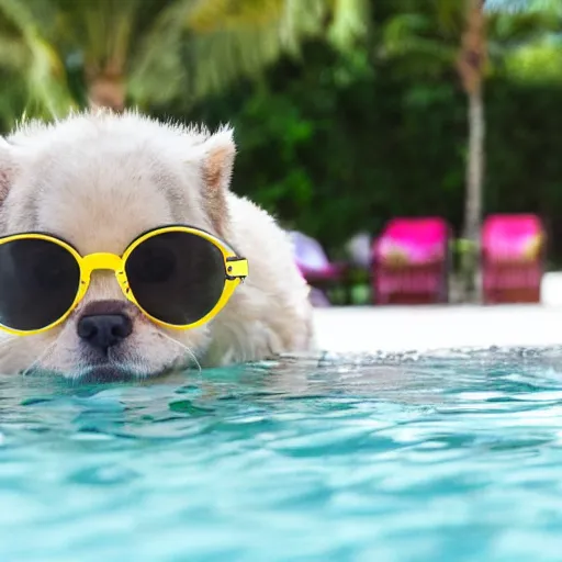 Prompt: lemon wearing sunglasses playing in the pool