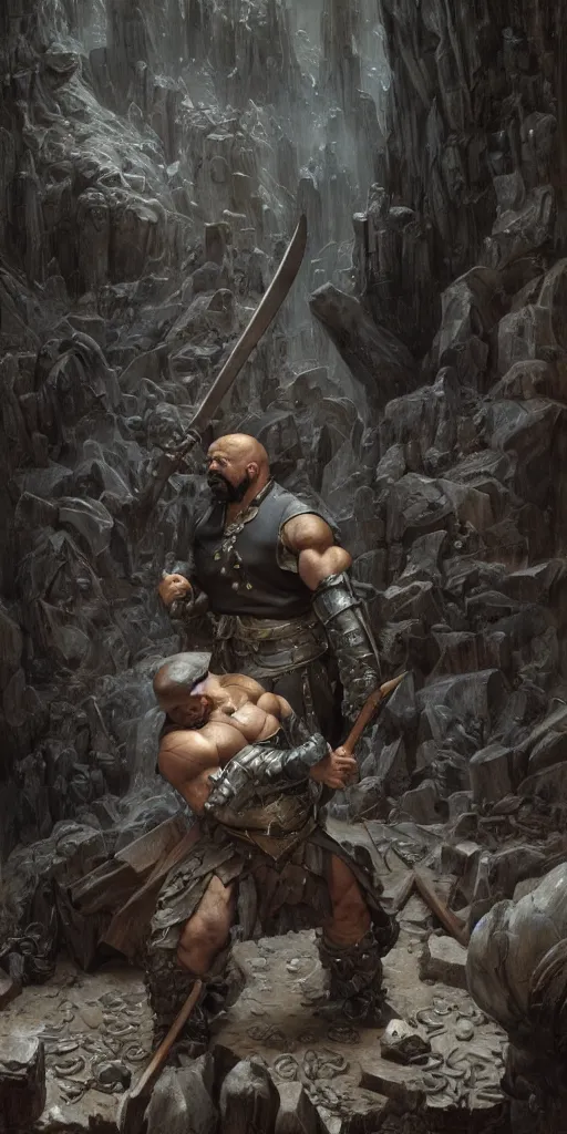 Image similar to jeffrey wright, blacksmith, huge and very muscular, hammer, dungeons and dragons, masterpiece by edgar maxence and ross tran and michael whelan, gustav dore, 8 k, octane render