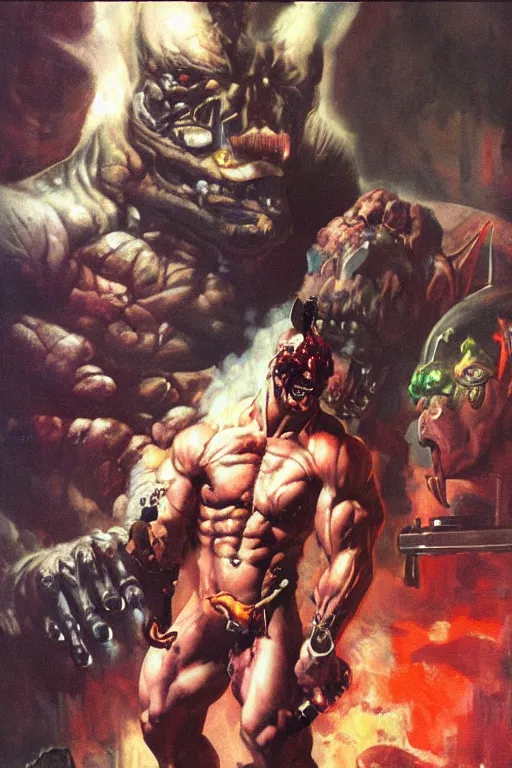 Image similar to A muscular demon smoking a cigar in a cyberpunk setting, by Frank Frazetta, 1980s color palette, Trending on Artstation, highly detailed,