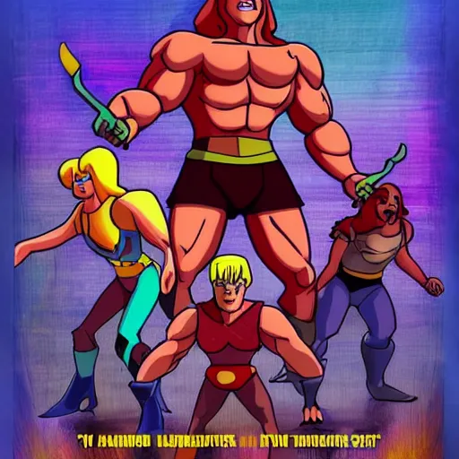 Prompt: TV poster of a animated movie based on original he-man TV show