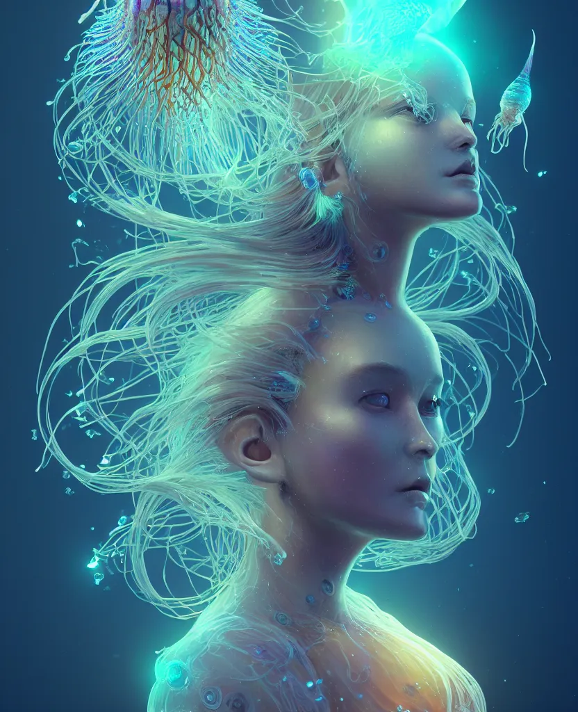 Image similar to goddess close-up portrait. orchid jellyfish phoenix head, nautilus, skull, betta fish, bioluminiscent creatures, intricate artwork by Tooth Wu and wlop and beeple. octane render, trending on artstation, greg rutkowski very coherent symmetrical artwork. cinematic, hyper realism, high detail, octane render, 8k