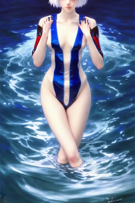 Prompt: a beautiful ayanami rei with blue hair wearing a plugsuit emerging from the water, oil on canvas, sensuality, artstation, by j. c. leyendecker and edmund blair leighton and charlie bowater, instagram photo