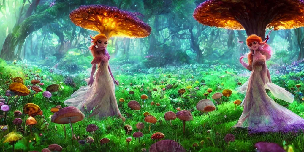 Prompt: beautiful fae queen walks through happy trippy fungal landscape, weta pixar 8 k detailed face