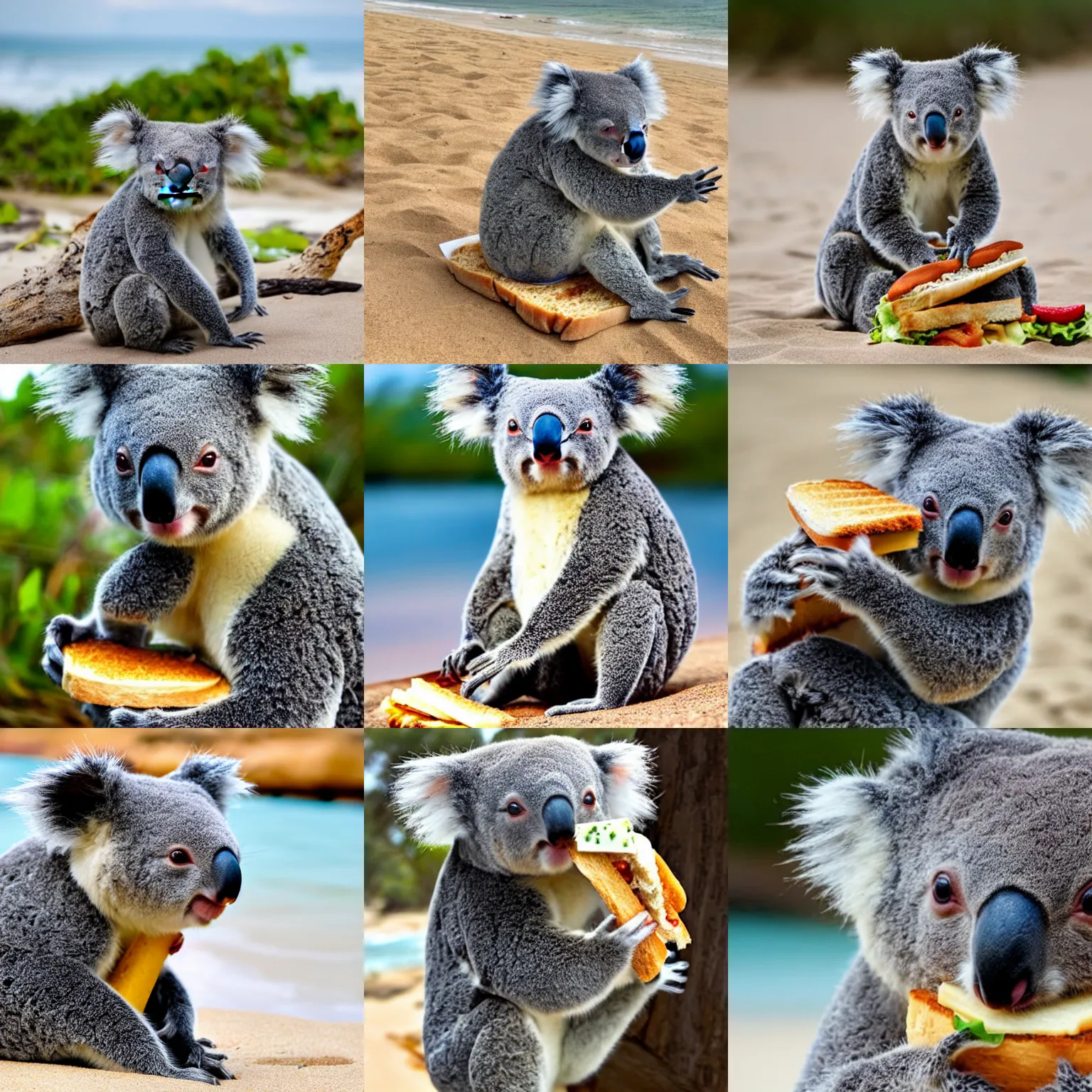 Prompt: a koala on a beach eating a sandwich
