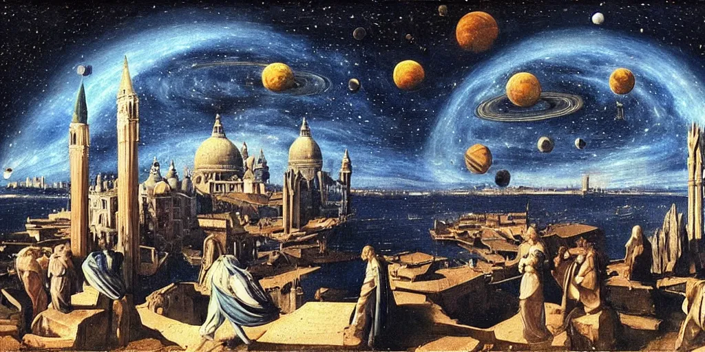 Prompt: scene from cosmologica a scifi movie by luchino visconti with mastroianni leaving the medieval cosmos to enter the new universe in the style of ( ( ( renaissance cosmological painting ) ) ). venice in the background. blue sky with a lot of stars and planets. cinematic, technicolor, direct lighting, highly detailed, highly intricate.