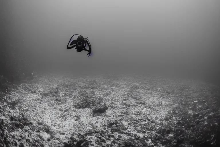 Image similar to a ominous diver swimming underwater, photo-realistic, dark, smog, creepy, vast, shot by a camera,