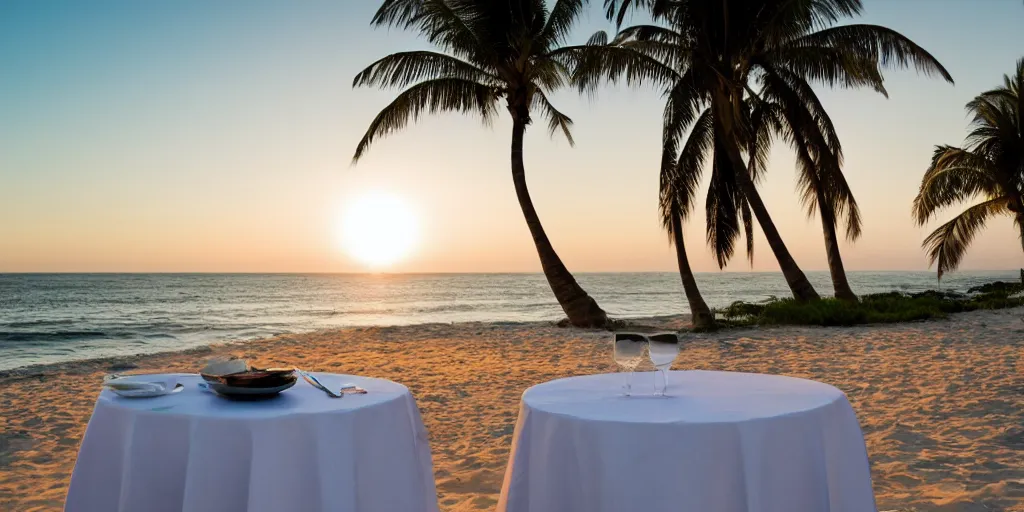 Image similar to professional photo of an empty white dish over a table with a sunset on the beach in the background