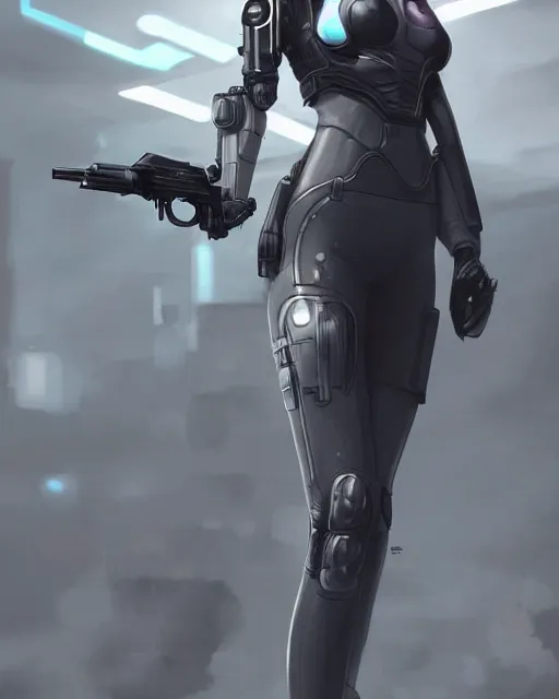 Prompt: a woman in a futuristic suit holding a gun, cyberpunk art by salvador trakal, cgsociety, cobra, dystopian art, sci - fi, artstation hd