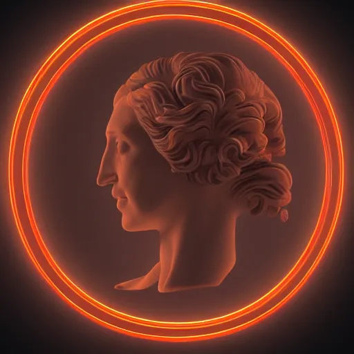 Image similar to a circle of neon light surrounding the head of a renaissance statue, 3 d render