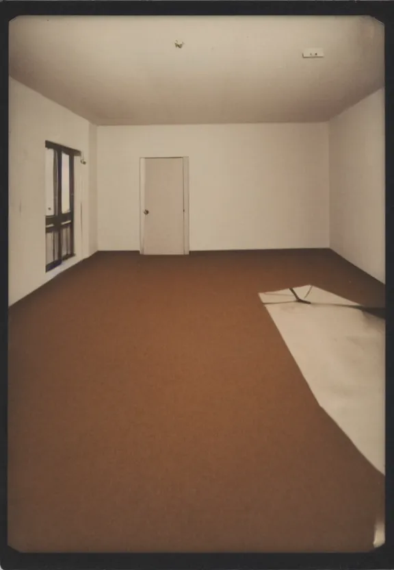 Image similar to a Polaroid photo of an ominous endless space of empty connecting rooms with vanilla colored wallpaper and brown carpet, no windows