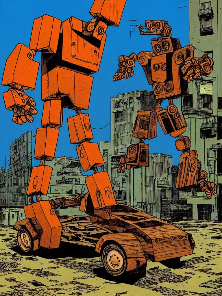 Image similar to an individual Giant wooden robot walking down the street, a crushed car is under the robot’s foot by Richard Corben