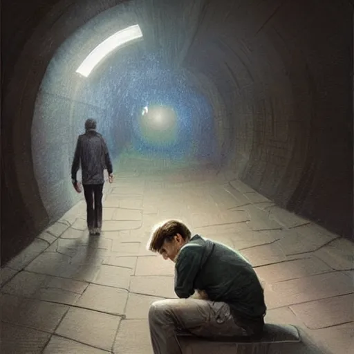 Prompt: epic masterpiece of cinematographic hyperrealism where a worried teenager with depression appears in a tunnel. realistic shaded lighting poster by craig mallismo, artgerm, jeremy lipkin and michael garmash, unreal engine, radiant light, detailed and intricate environment, digital art, art station trends