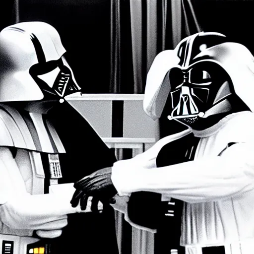 Prompt: 90s black and white photo of darth vader and eminem in a rap battle, slightly blury