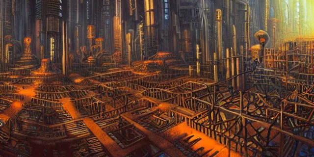 Image similar to painting of redwood forest labyrinth consuming cyberpunk metropolis in the style of steampunk by dan seagrave and john stephens