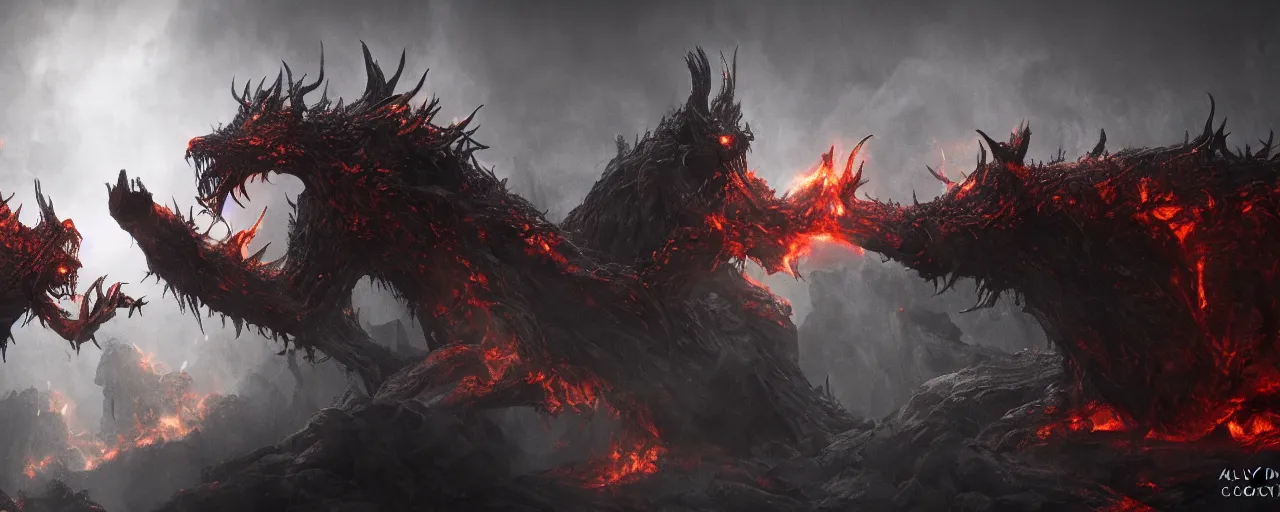 Prompt: god fighting the devil, dark, fiery, mines of moria, lord of the rings aesthetic, in style of alan lee, cinematic, cinematic lighting, octane render, motion blur, highly detailed