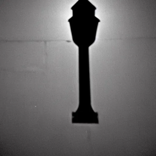 Image similar to tall man shadow on street lamp at night, 8 mm, found footage