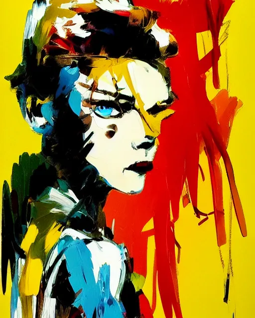 Image similar to Fashion model girl by Ashley Wood, Yoji Shinkawa, Jamie Hewlett, 60's French movie poster, French Impressionism, vivid colors, palette knife and brush strokes, Dutch tilt