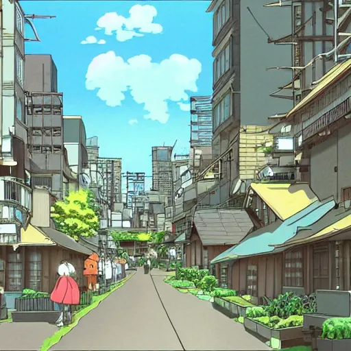 Image similar to japanese town, neighborhood, japanese city, underground city, modern city, tokyo - esque town, 2 0 0 1 anime, cel - shading, compact buildings, sepia sunshine