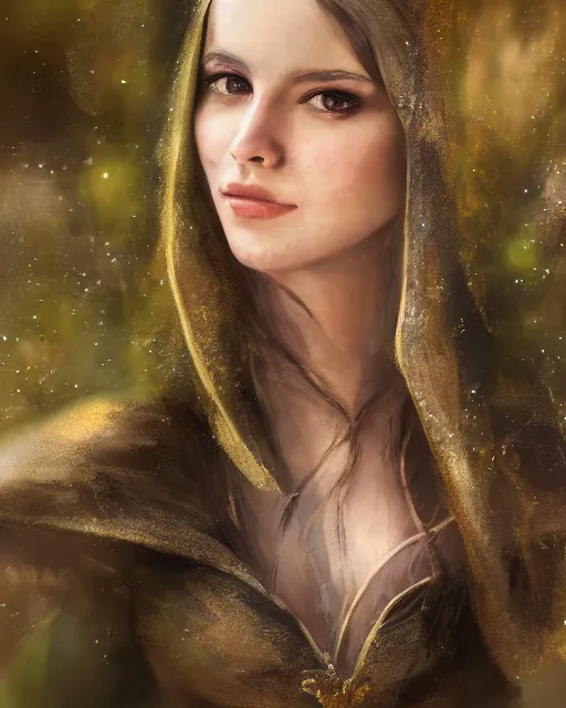 Prompt: A beautiful, fully clothed elven maiden with a realistic face; portrait by Craig Mullins; bokeh, 90mm, f/1.4