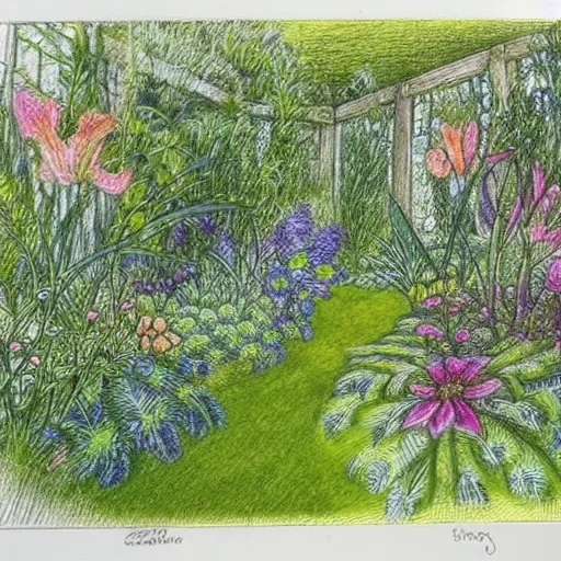 Prompt: Beautiful lush garden. Etching and engraving with colored pencil.