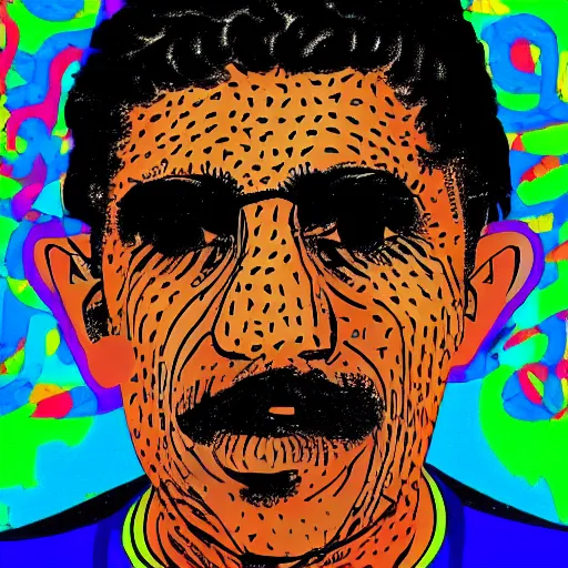 Prompt: omar souleyman in the style of daniel johnston and outsider art, 4k, overlaid with arabic letters