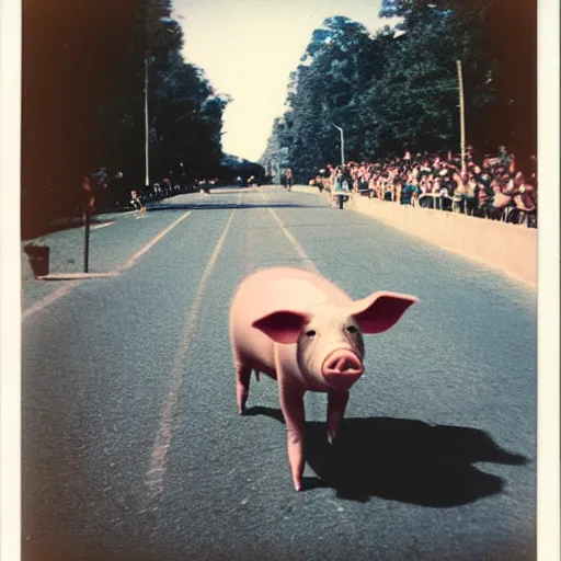 Image similar to a pig running a maraton, polaroid photograph