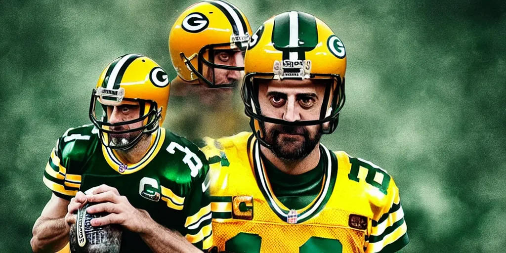 Prompt: Aaron Rodgers drinking ayahuasca on the sidelines of Lambeau Field, cgsociety, artstation, cinematic