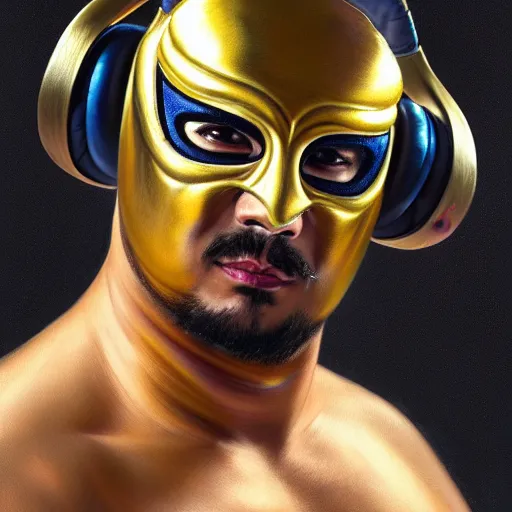 Prompt: portrait of vladimir putid as lucha libre dj, muscular, headphones, thick golden ring around the neck, fantasy, intricate, elegant, highly detailed, digital painting, artstation, concept art, smooth, sharp focus, illustration, art by artgerm and greg rutkowski and alphonse mucha