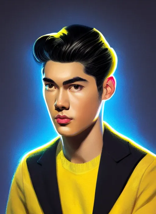 Image similar to portrait of young reggie mantle, mean smirk, egotistical, slicked back hair, striped yellow and black sweater, 1 9 5 0 s, intricate, elegant, glowing lights, highly detailed, digital painting, artstation, concept art, smooth, sharp focus, illustration, art by wlop, mars ravelo and greg rutkowski