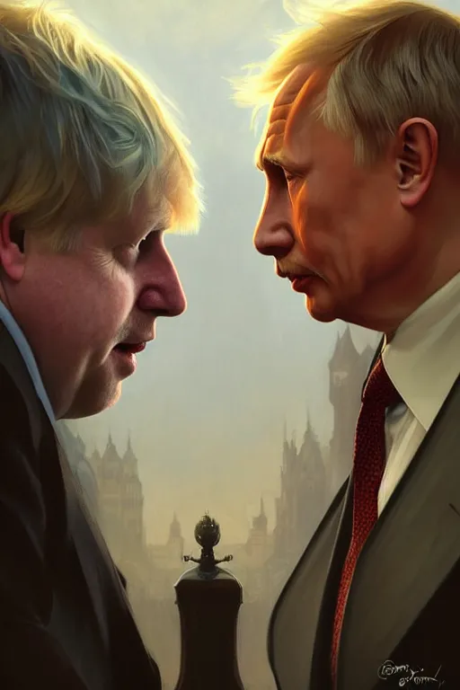 Image similar to Boris Johnson vs Putin face to face, highly detailed, digital painting, artstation, concept art, smooth, sharp focus, illustration, cinematic lighting, art by artgerm and greg rutkowski and alphonse mucha