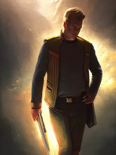 Prompt: Captian James T Kirk, young, male, handsome, intricate, masterpiece, dramatic lighting, semi-realistic, sharp, digital art, art by greg rutkowski and valentina remenar