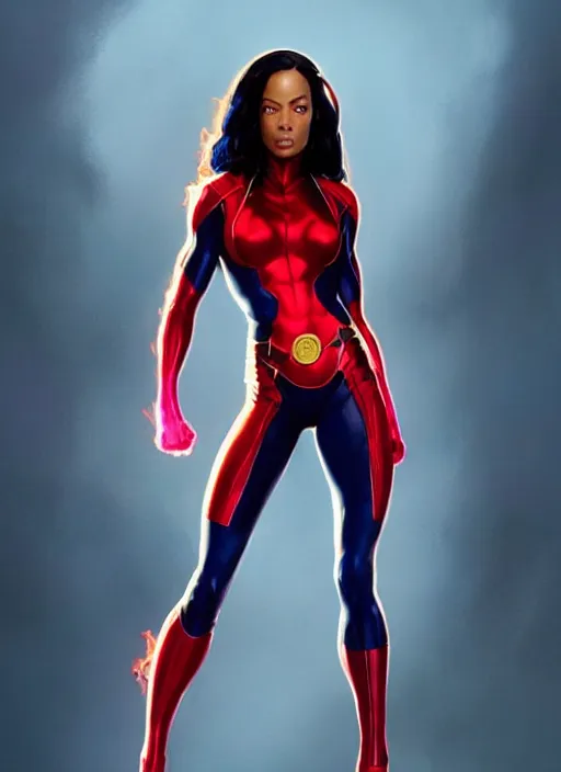 Image similar to full body portrait of marvel cinematic universe aaliyah haughton, x - men, jean grey, elegant, fire, phoenix, rippling electromagnetic, highly detailed!! digital painting, artstation, glamor pose, concept art, sharp focus, illustration, art by artgerm and greg rutkowski, artey freytag