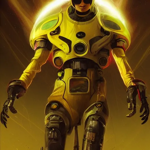 Image similar to Thin smooth transparent ethearal Sci-fi yellow Lightning elemental wearing red high-tech goggles shifting in and out of reality, heroic pose, full body, illustration, epic concept art, dark sci-fi background, action scene, dramatic artwork, surreal, flying, lightning, by Greg Rutkowski and Peter Elson