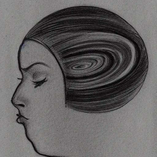 Image similar to a drawing of a woman with half her face, saturn the moon and some stars on top of her head, solid gray colors, black background, line drawing