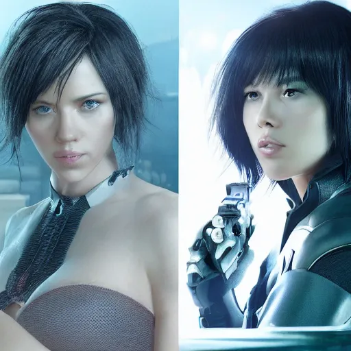 Image similar to a beautiful medium - shot still of scarlett johansson as the major motoko kusanagi from ghost in the shell, cyberpunk style, looking off into the distance, motoko kusanagi hair style, black hairs, ultra realistic, soft, blue hour, soft neons light from night city falling on her face. focus on her eyes and brows. by annie leibowitz