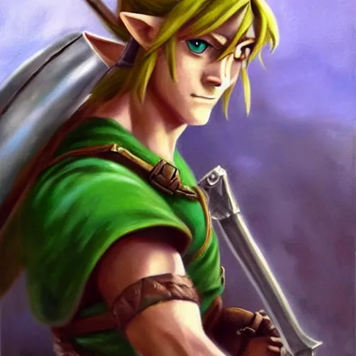 Prompt: an ultra - realistic portrait painting of link from the legend of zelda in the style of frank frazetta. 4 k. ultra - realistic. highly detailed. dark fantasy. epic lighting.