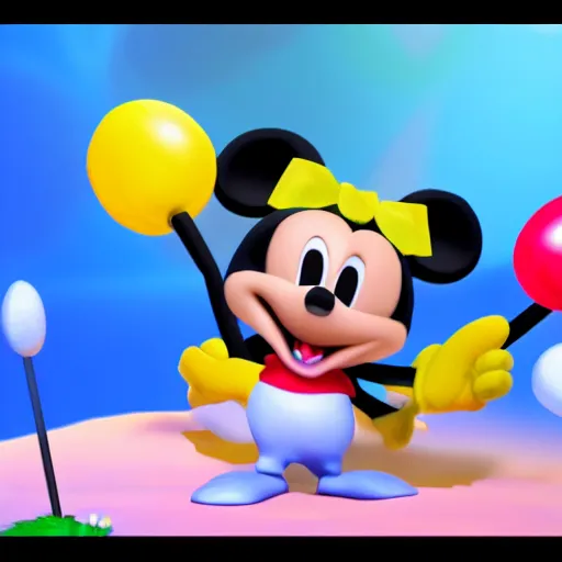 Image similar to mikey mouse with lollipops instead of ears meditating in a 3 d video game screenshot