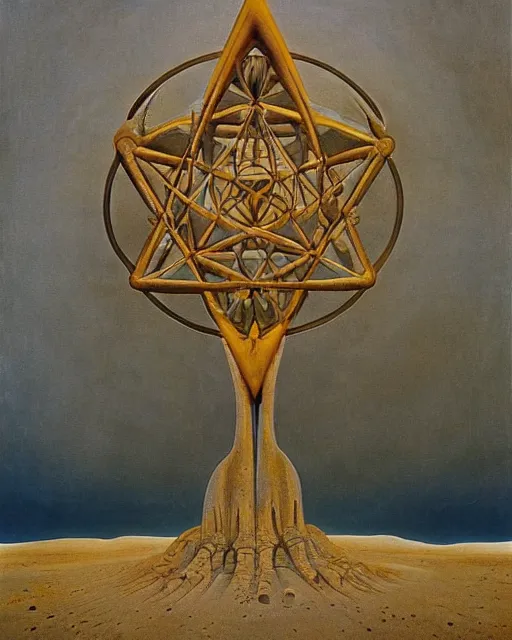 Image similar to a strange big sacred geometry pagan otherworldly monument in the middle of a desert, uncomfortable atmosphere, very expressive, powerful painting, collab by dali, carrington and beksinski