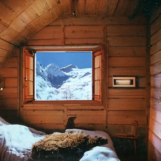 Prompt: a 3 5 mm kodachrome photo of a cozy cabin in the swiss alps in the 1 9 5 0's