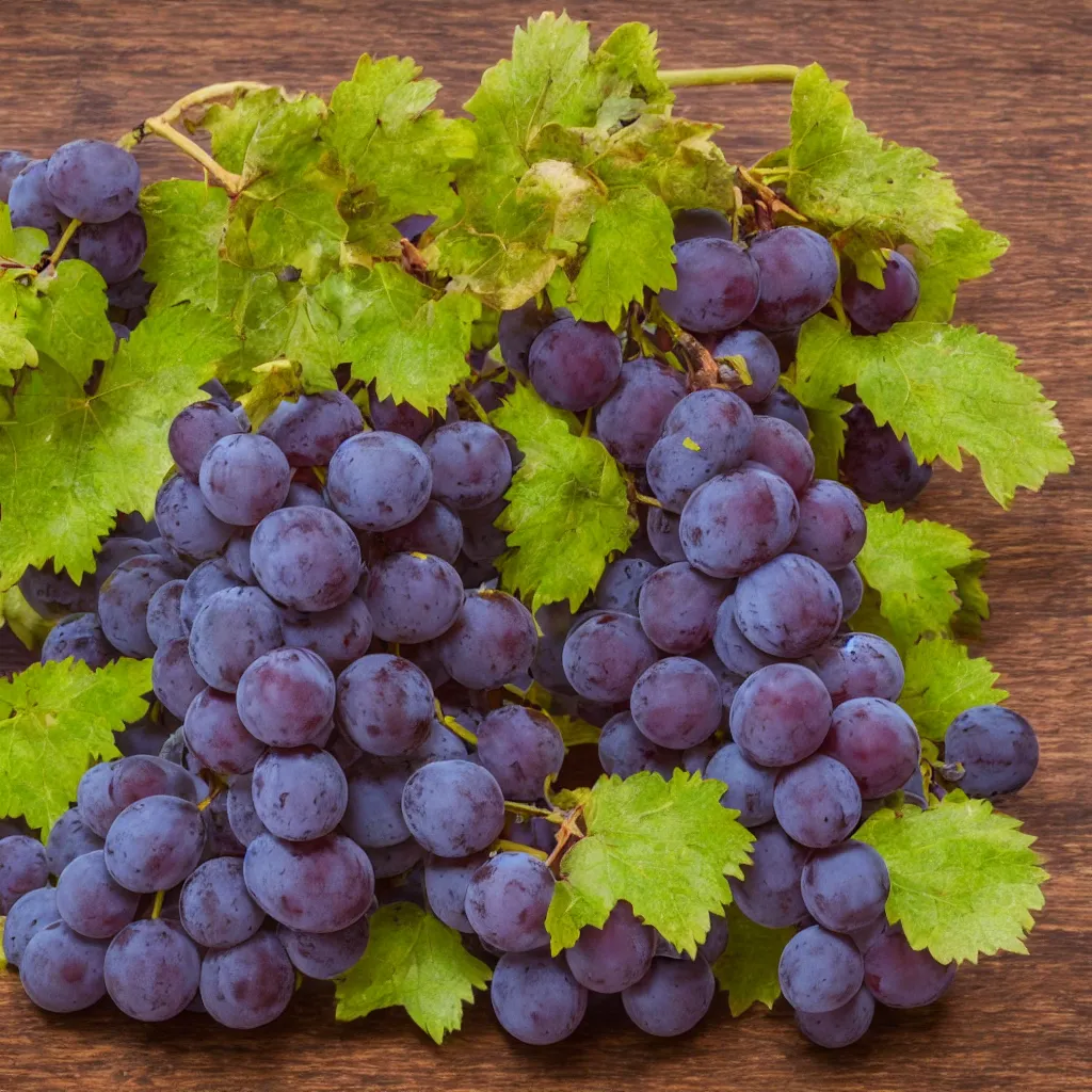 Prompt: close-up view of grapes on top of a wooden table, 8k, high detail, photorealistic, proper shading