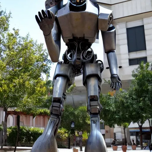 Image similar to Wheatley from portal 2 as a large metal statue in town center