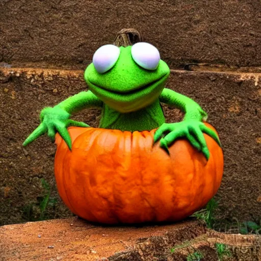 Prompt: a pumpkin kermit the frog, photography,