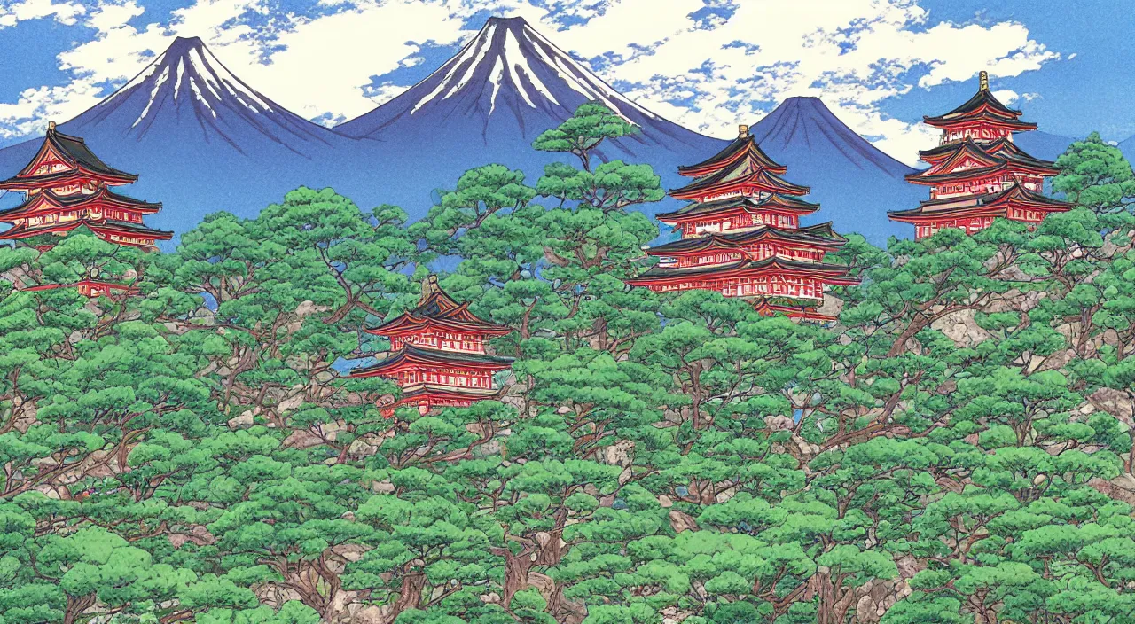 Prompt: a Japanese castle, with a garden as foreground, with mountains as background, in the style of anime