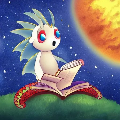 Prompt: cute dragon reading book under the stars, digital art