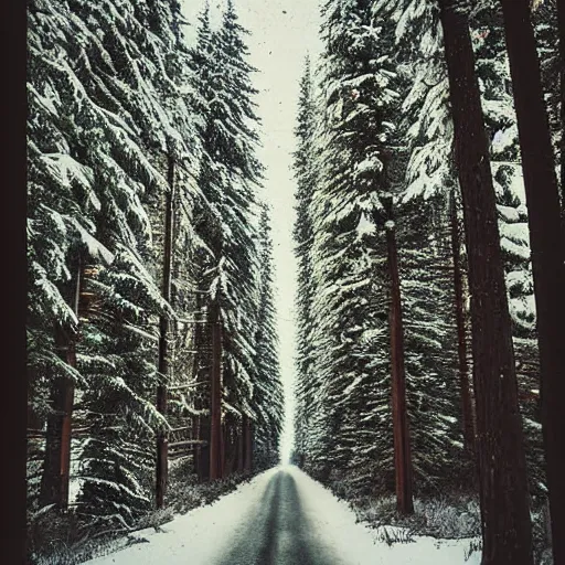 Prompt: atmospheric polaroid photograph of snowy forest growing on a city street